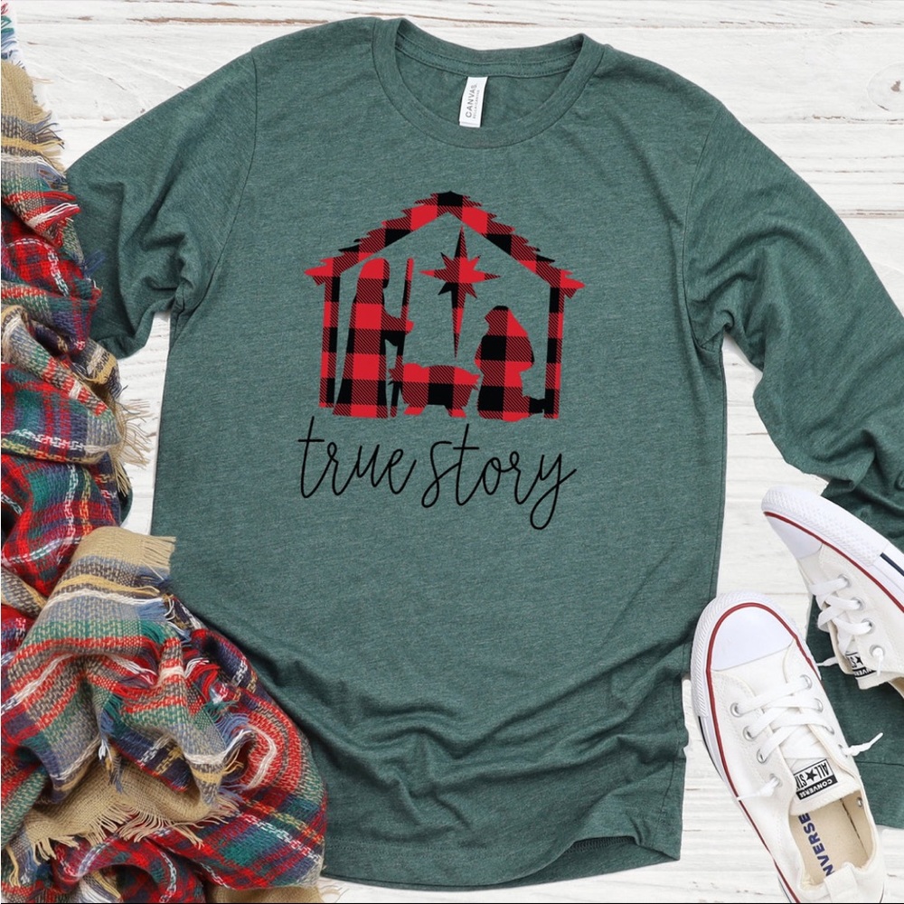 Love in Faith True Story Medium long sleeve shirt- Manger Scene